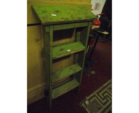 A vintage pine folding step ladder with distressed blue painted finish stamped to cast fitting The Hatherley Lattiser Patent,