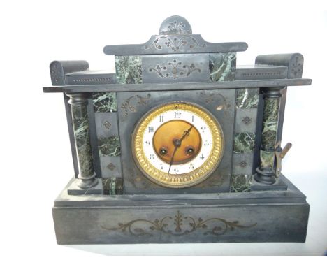 A Victorian black slate and polished marble mantle clock of classical form with 8 day striking movement
