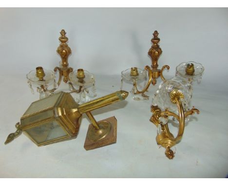 Lighting to include a pair of two divisional metal work sconces in the ormolu style with cross cut glass founts and droplets 