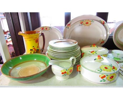 A quantity of Samford ware Art Deco dinner wares with orange and yellow painted floral decoration comprising a pair of tureen