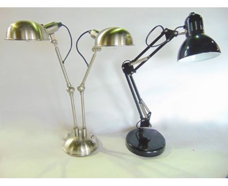A two branch contemporary desk lamp with adjusting stems together with a further Angle Poise type desk lamp with all over bla