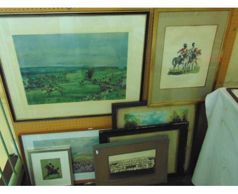 A signed coloured print after Michael Lyne showing a hunting scene, published 1956 by Frost & Reed, 55 x 69 cm approx, a furt