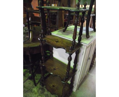 A Victorian walnut veneered floorstanding whatnot on four graduated tiers with shaped fronts and inliad detail together with 