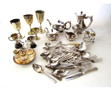 A collection of silver plated wares to include a four piece electroplated tea set with chased garland cartouches to include a