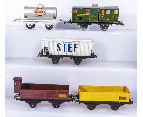 French Hornby O Gauge Esso Wagon, Luggage Van, Refrigerated Wagon, Cattle Wagon, and an Open Wagon 