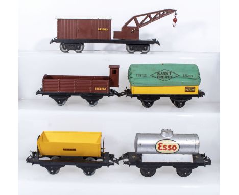 French Hornby O Gauge Breakdown Van and Crane ,Cattle Wagon, Covered Wagon, Tipping Wagon and ESSO Wagon