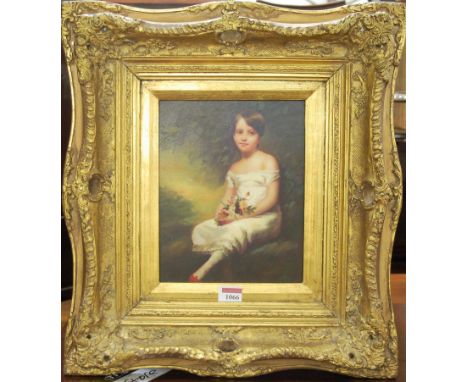 A reproduction diorama in glazed frame depicting interior scene with family group together with two reproduction oil portrait
