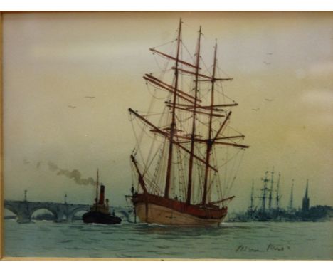 Peter Knox - boats on the river, watercolour, signed lower right, 10.5x14cm