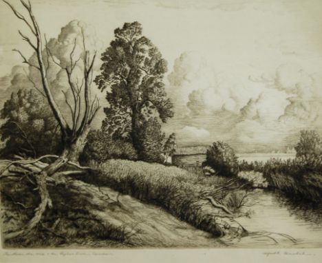 Alfred Blundell (1883-1968) - The river, the mill, and a the poplar tree, Cavenham, etching, signed and titled in pencil to t