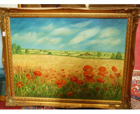 A quantity of pictures and prints to include Joan Cowley - Poppies in Summer, oil on board
