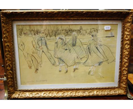Gwynne Jones - The Abbey Gate, Bury St Edmunds, ink study, and French school figure scene (2)