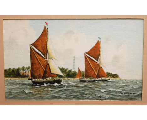 Leo Bridges - Barges passing Bawdsey Point, watercolour with body colour, 7.5 x 12.5cm; together with various other topograph