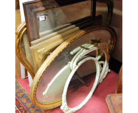 Assorted wall mirrors, white painted triptych dressing table mirror, and a pair of gilt framed prints