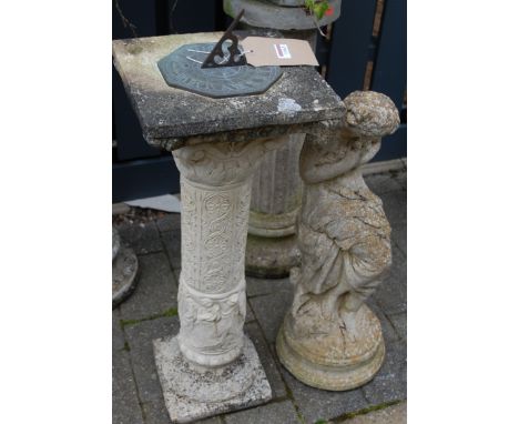 A reconstituted stone pedestal sundial, h.75cm; together with a reconstituted stone figure of a semi-nude maiden (2)