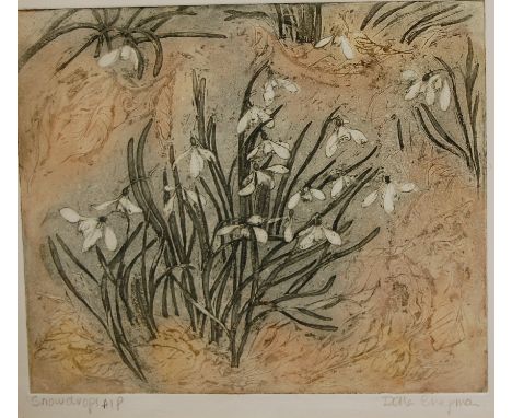Della Chapman - Snowdrops, artist proof lithograph, 25 x 30cm; and two others by the artist - Summer Hedge, and Pulling down 