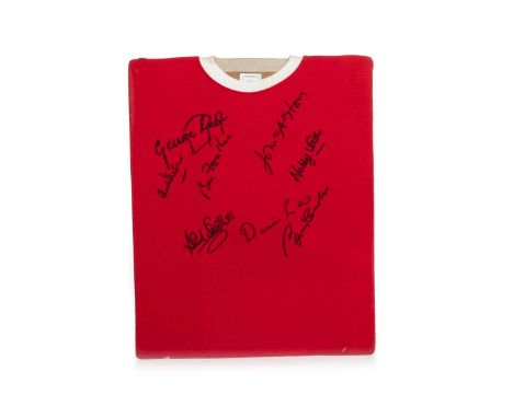 MANCHESTER UNITED F.C., REPLICA JERSEY, CIRCA 2000 signed by John Aston, Nobby Stiles, Bobby Charlton, Denis Law, Bill Foulke