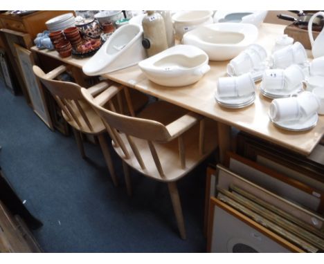 ASET OF SIX 'HAPAFORS' SWEDISH PALE BEECH STICK BACK KITCHEN ARMCHAIRS and a matching table 