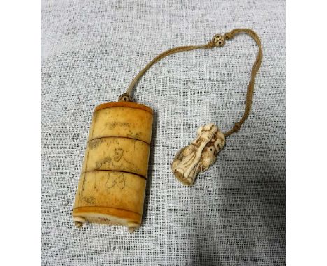 A JAPANESE ENGRAVED BONE INRO with Netsuke of an old man holding a chicken