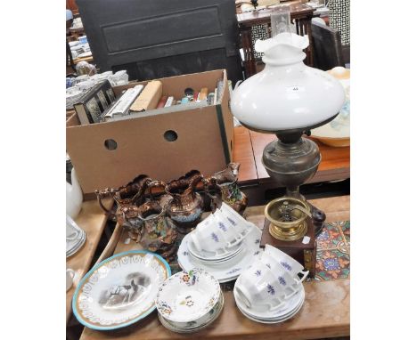 A COLLECTION OF 19TH CENTURY LUSTRE JUGS, similar ceramics, a brass oil lamp and a coffee grinder