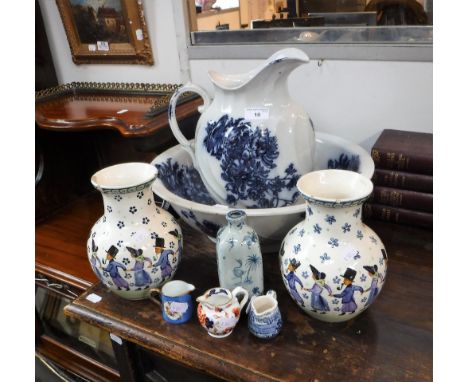 AN ITALIAN CANTAGALLI TIN-GLAZED FLASK, a Victorian wash jug and basin and other ceramics