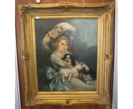A 19TH CENTURY STYLE PORTRAIT OF A GIRL WITH A DOG oil on canvas in gilt frame