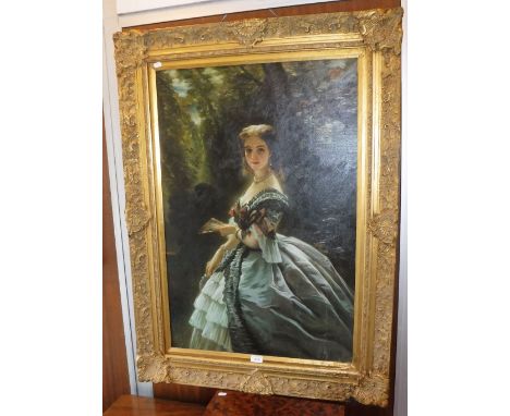 A 19TH CENTURY STYLE OIL ON CANVAS PORTRAIT OF A YOUNG WOMAN in a gilt frame