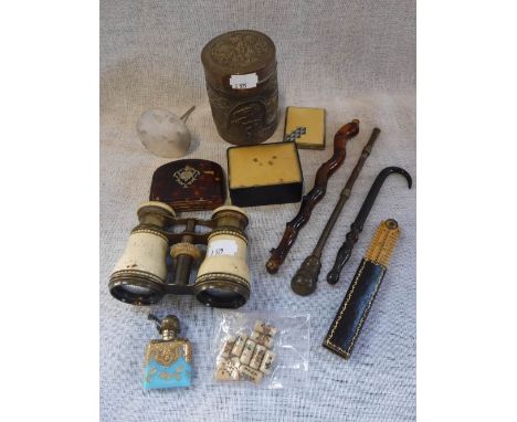 A HORN HOOK, a horn lorgnette handle, a cased folding boxwood ruler, a pair of opera glasses and other items