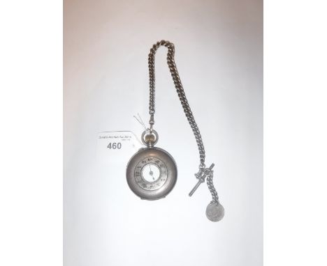 A GENTLEMAN'S SILVER HALF HUNTER POCKET WATCH with enamel dial on a silver curb link watch chain