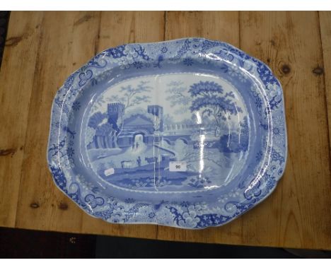 A LARGE 19TH CENTURY SPODE BLUE AND WHITE TRANSFER DECORATED MEAT PLATE, 20.5" wide
