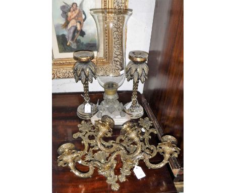 A STORM LANTERN OF CLASSICAL FORM on a marble base, a pair of brass candle brackets and a pair of candlesticks in the form of