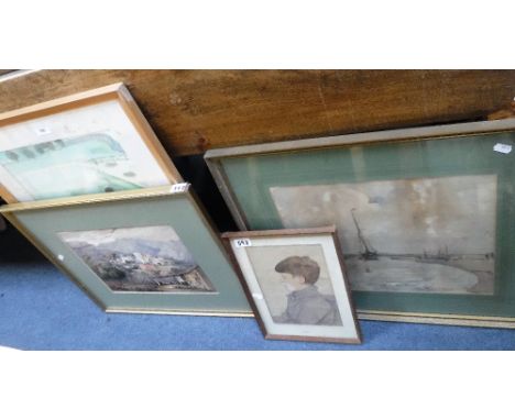 A 19TH CENTURY WATERCOLOUR OF A CONTINENTAL HILLTOP TOWN, a portrait of a boy and other pictures