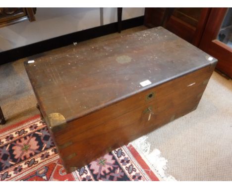 A VICTORIAN BRASS BOUND MAHOGANY BOX, with swing-handles and engraved cartouche and a vintage fur coat, 28.5" wide