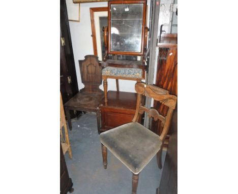 A GEORGE III MAHOGANY HALL CHAIR, similar chairs, a Victorian dressing mirror, a folding screen with oriental silk panels and