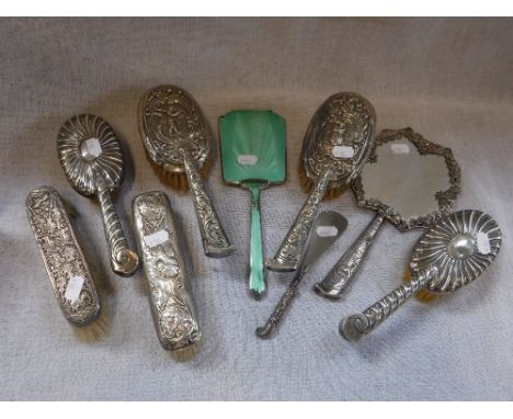 A PAIR OF VICTORIAN SILVER-BACKED BRUSHES, a Victorian silver-backed part dressing set and other similar dressing ware includ