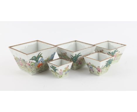 Chinese set of Nesting Square Cups, 19th century painted with children playing in a garden . An apocryphal Qianlong mark on t