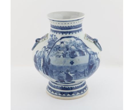 Chinese Blue and White Hu shaped Vase , Late 19th /early 20th century the bulbous body with two Taotie holding a ring, decora