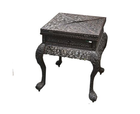 Rare Chinese  Hongmu Envelope Game Table. Late Qing dynasty the pivoting square top with four triangular hinged leaves carved