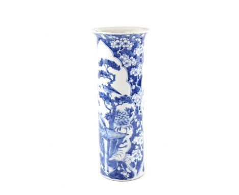 Chinese Blue and White Cylindrical Vase, Qing Dynasty, 19th century decorated with birds, rocks and floral patternwithin two 