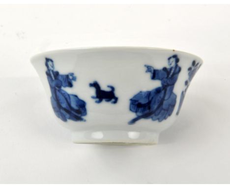 Chinese blue and white cup with a Lady with a Dog. Qing dynasty finely painted, with a rare decoration of a woman playing wit