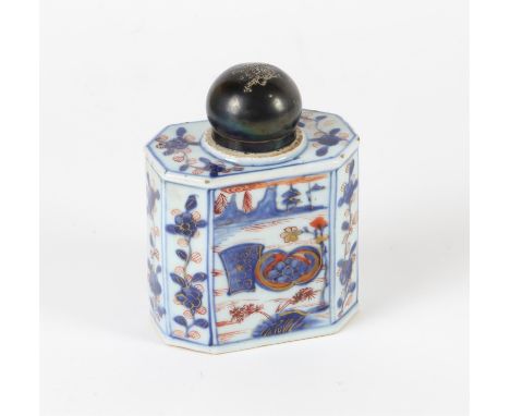 A Chinese Imari Tea caddy with Silver Cover , Kangxi periodpainted with flowers and landscape , the Silver cover from a later