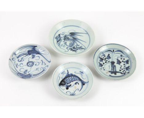 Four Blue and White dishes, Ming and Qing Dynasty one with two Phoenix surrounding a flaming pearl with label R&G McPherson (