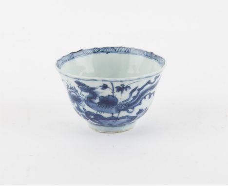 Chinese Blue and White Phoenix Lobed Cup, Kangxi period painted with a phoenix, cranes and other birds with a rock and floral