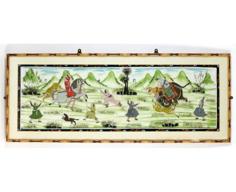 Painted with men hunting tigers with horse, elephant and dog.Size : 43 cm x 108 cm