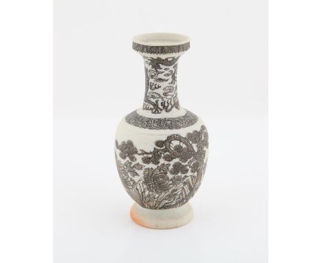 Chinese Biscuit Unglazed Porcelain Vase, 19th century or later painted with a crane, a pine tree and flowers. On the base a s