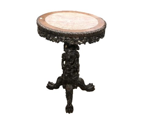 A Chinese Export Hongmu Hardwood  Pedestal Table, Late Qing dynasty the circular top inset with marble above an apron profuse