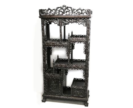 A Rare Chinese Zitan  Shelf Cabinet , Republic period , Early 20th century a Zitan dark wood carved cabinet display shelf. Ex