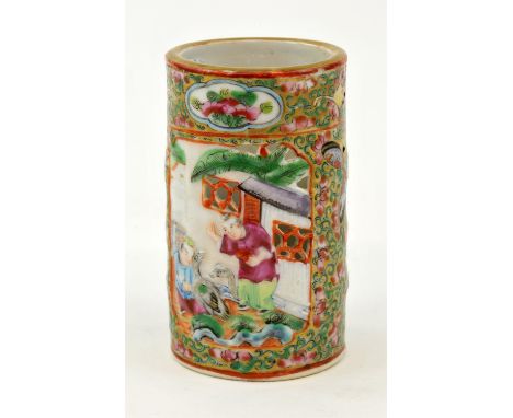 A Chinese Canton Famille Rose Brush Pot. Qing dynasty, 19th century with a raised relief and reticulateddecorated in famille 
