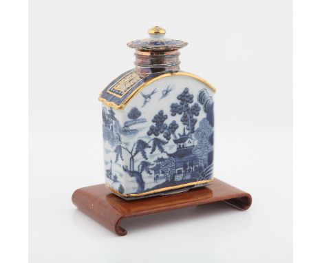Chinese Export Tea Caddy with cover, Circa 1790 painted with landscape and a modern silver gilt mount comes with a wooden sta