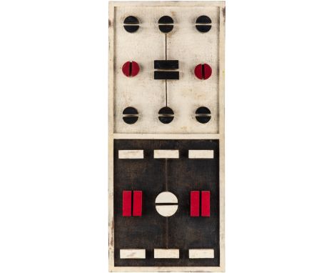 Untitled (diptych) polychrome wood and jute mounted on boardeach panel measuring 63.5 x 53.5 cm (25 x 21 in.)overall dimensio