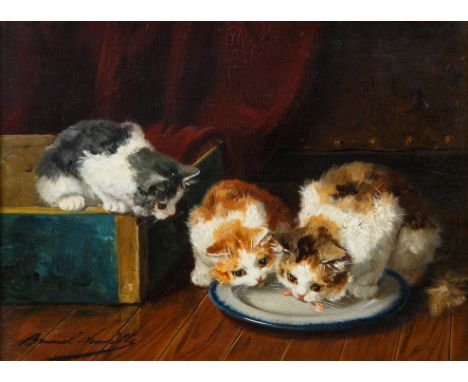 Three Kittens with Sausage oil on panel25.5 x 31.5 cm (10 x 12 3/8 in.)framed dimensions: 30 x 36.5 cm (11 3/4 x 14 3/8 in.)s